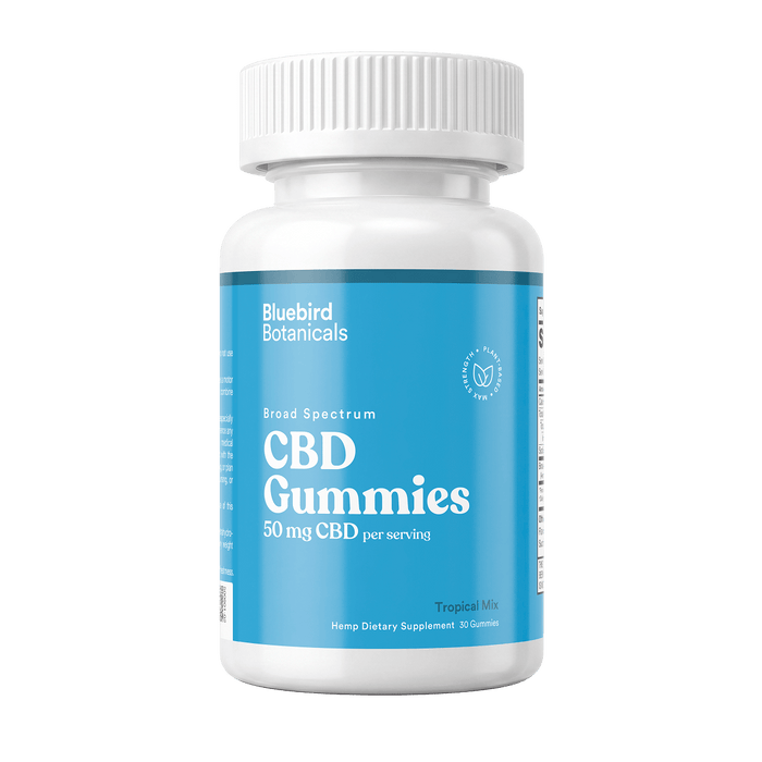 A white plastic bottle of Bluebird Botanicals Broad Spectrum CBD Gummies, 50 mg CBD per serving, with a bright blue label and a white ribbed cap, shown on a solid white background.; Strength: 50 mg;