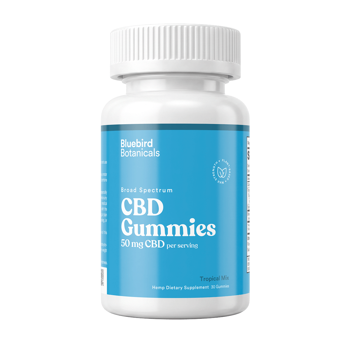 A white plastic bottle of Bluebird Botanicals Broad Spectrum CBD Gummies, 50 mg CBD per serving, with a bright blue label and a white ribbed cap, shown on a solid white background.; Strength: 50 mg;