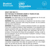A digital informational card for Bluebird Botanicals CBD Gummies, displaying adult use instructions, warnings, and storage guidelines in black text on a white background with a blue header.; Strength: 50 mg;