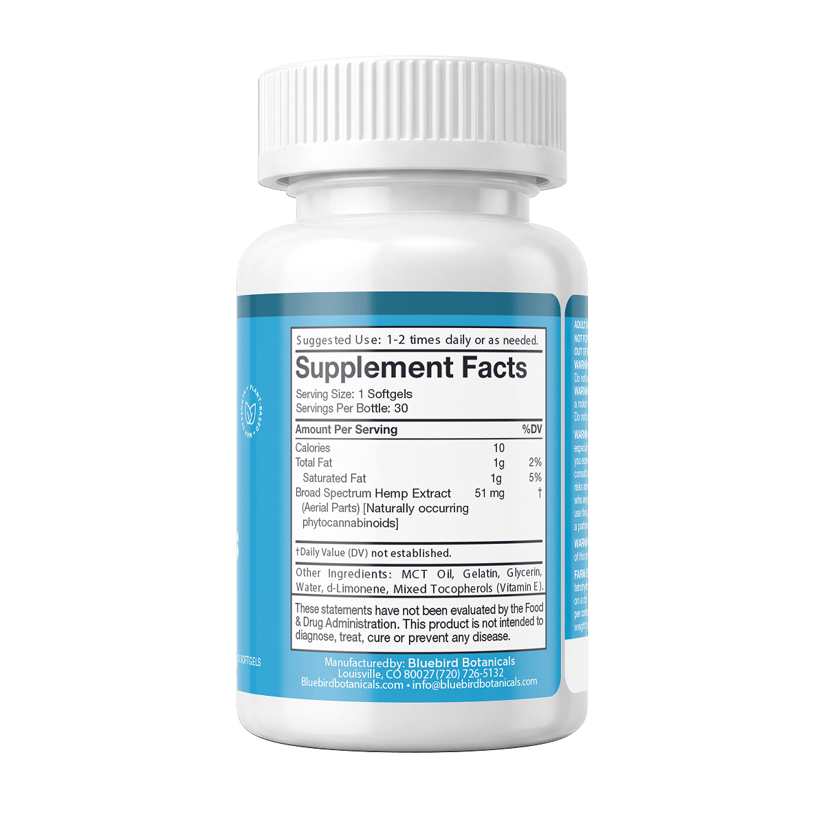 Back label of Bluebird Botanicals 50 mg CBD Softgels showing supplement facts and ingredients.; Strength: 50 mg;