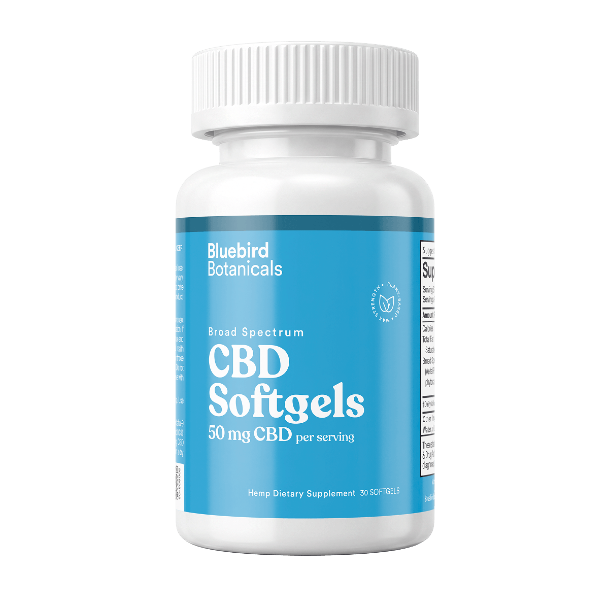 Bluebird Botanicals Broad Spectrum CBD Softgels, 50 mg CBD per serving, 30-count bottle.; Strength: 50 mg;