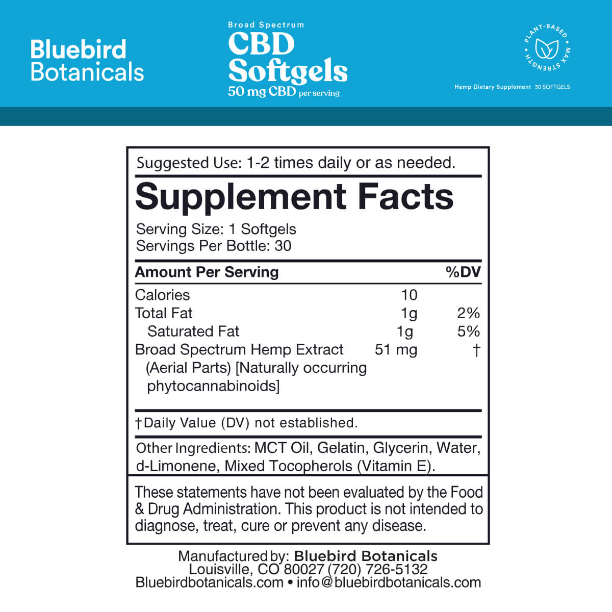 Supplement facts and ingredients for Bluebird Botanicals 50 mg Broad Spectrum CBD Softgels.; Strength: 50 mg;