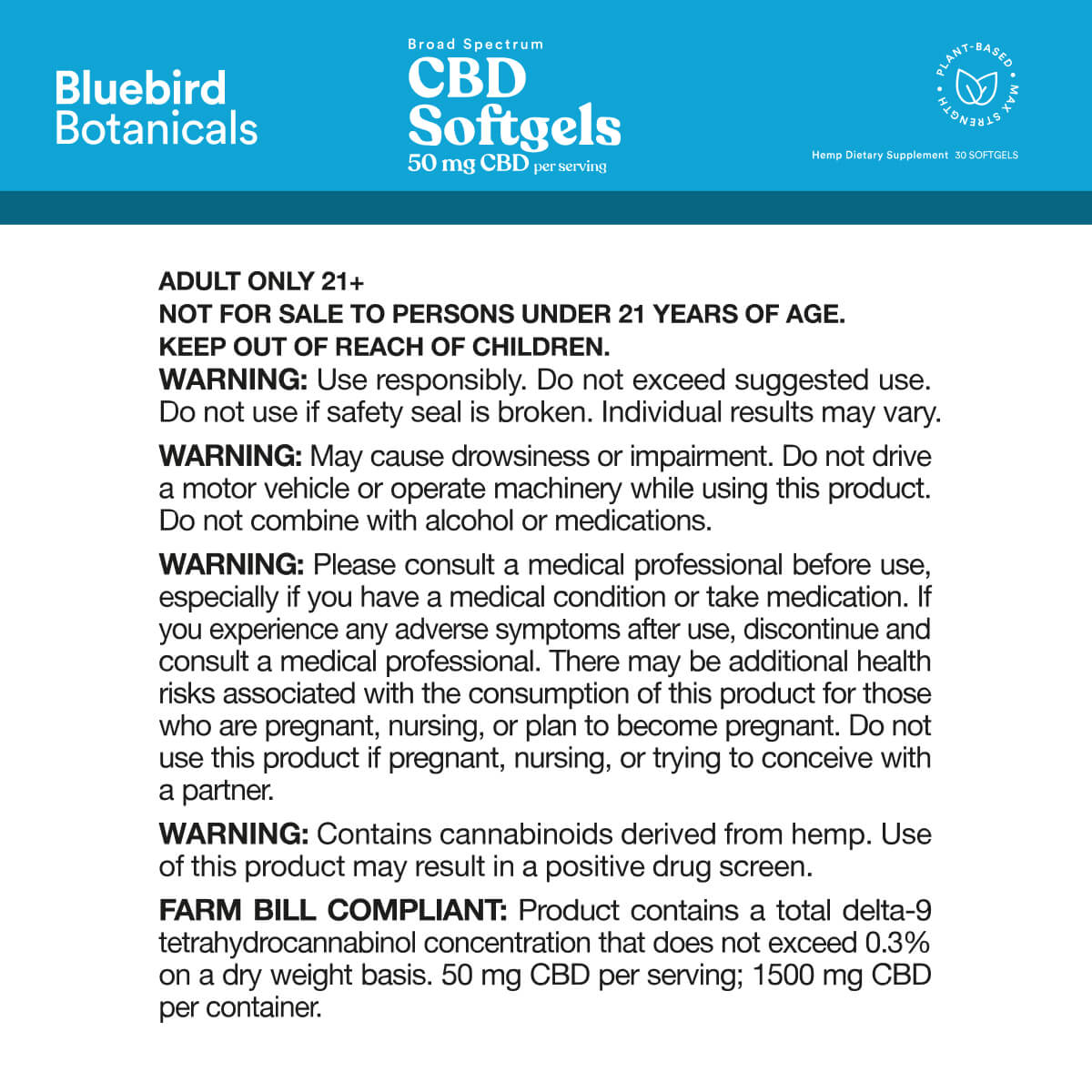 Warnings and precautions for Bluebird Botanicals 50 mg Broad Spectrum CBD Softgels.; Strength: 50 mg;