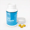 Open bottle of Bluebird Botanicals 50 mg Broad Spectrum CBD Softgels with three golden softgels.; Strength: 50 mg;