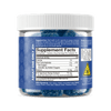 Jar of blue gummies with supplement facts label on a black background.; Flavor: Blue Raspberry;