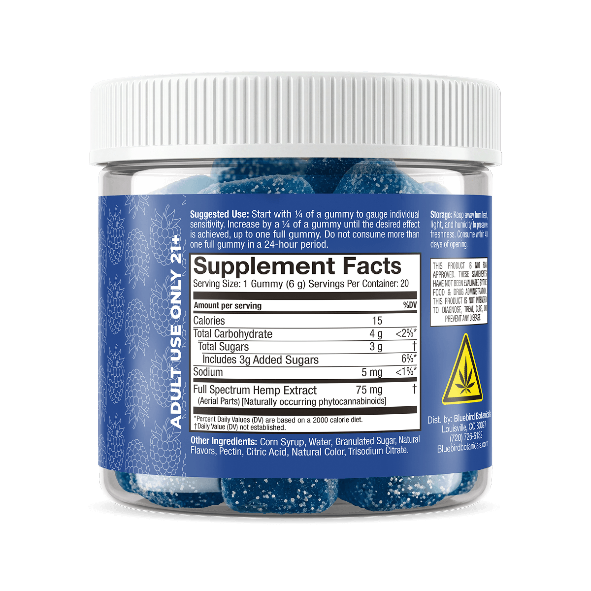Jar of blue gummies with supplement facts label on a black background.; Flavor: Blue Raspberry;