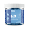 Jar of Bluebird Botanicals Lift Δ9 THC Gummies with blue label on a black background.; Flavor: Blue Raspberry;