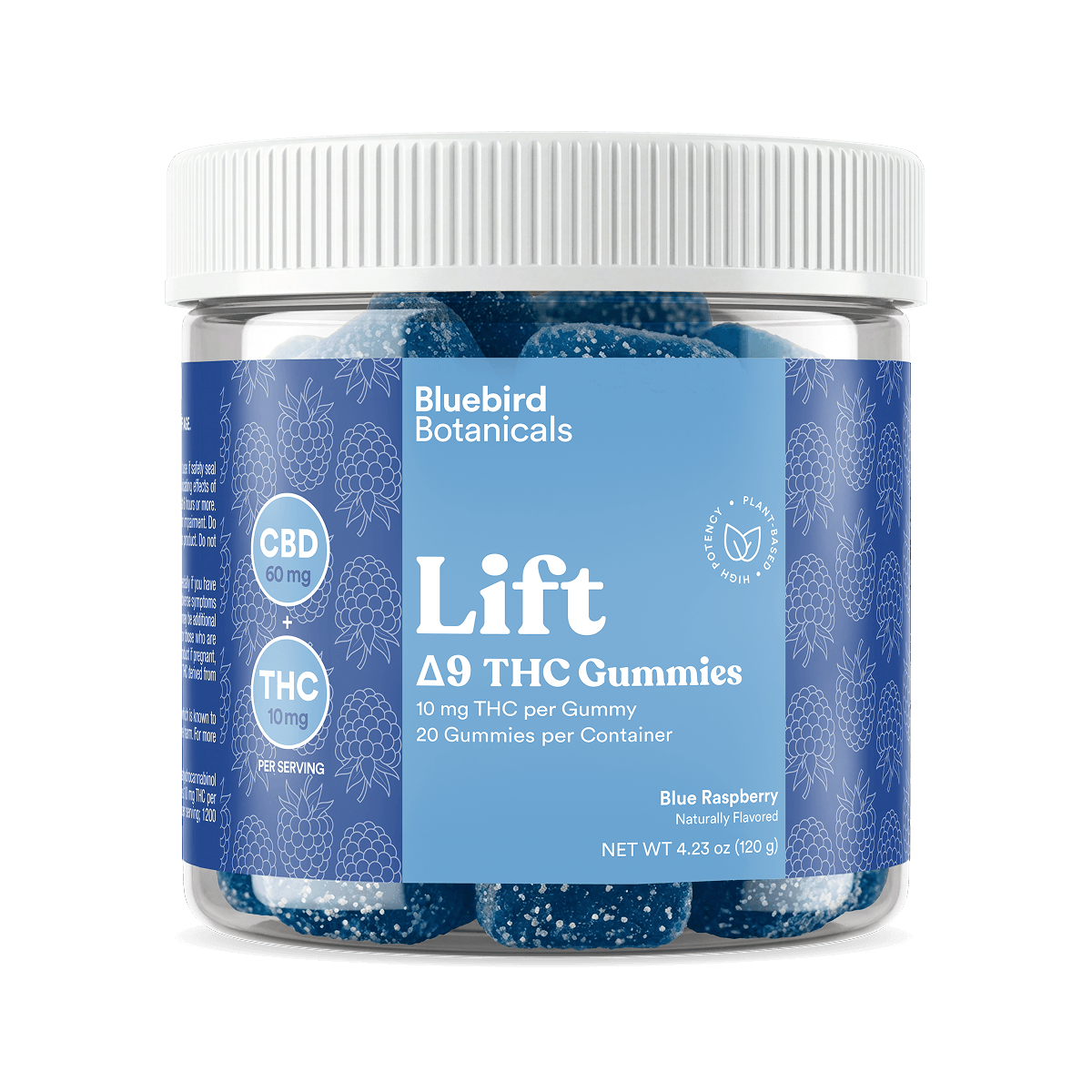 Jar of Bluebird Botanicals Lift Δ9 THC Gummies with blue label on a black background.; Flavor: Blue Raspberry;