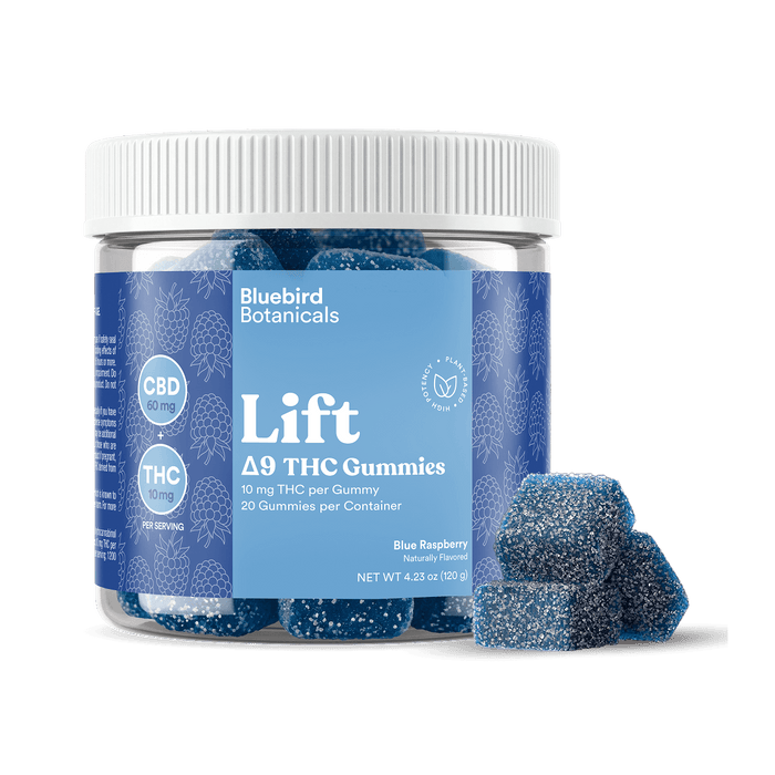Jar of Bluebird Botanicals Lift Delta 9 THC Gummies with a blue label on a black background.; Flavor: Blue Raspberry;
