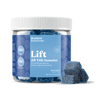 Jar of Bluebird Botanicals Lift Delta 9 THC Gummies with a blue label on a black background.; Flavor: Blue Raspberry;