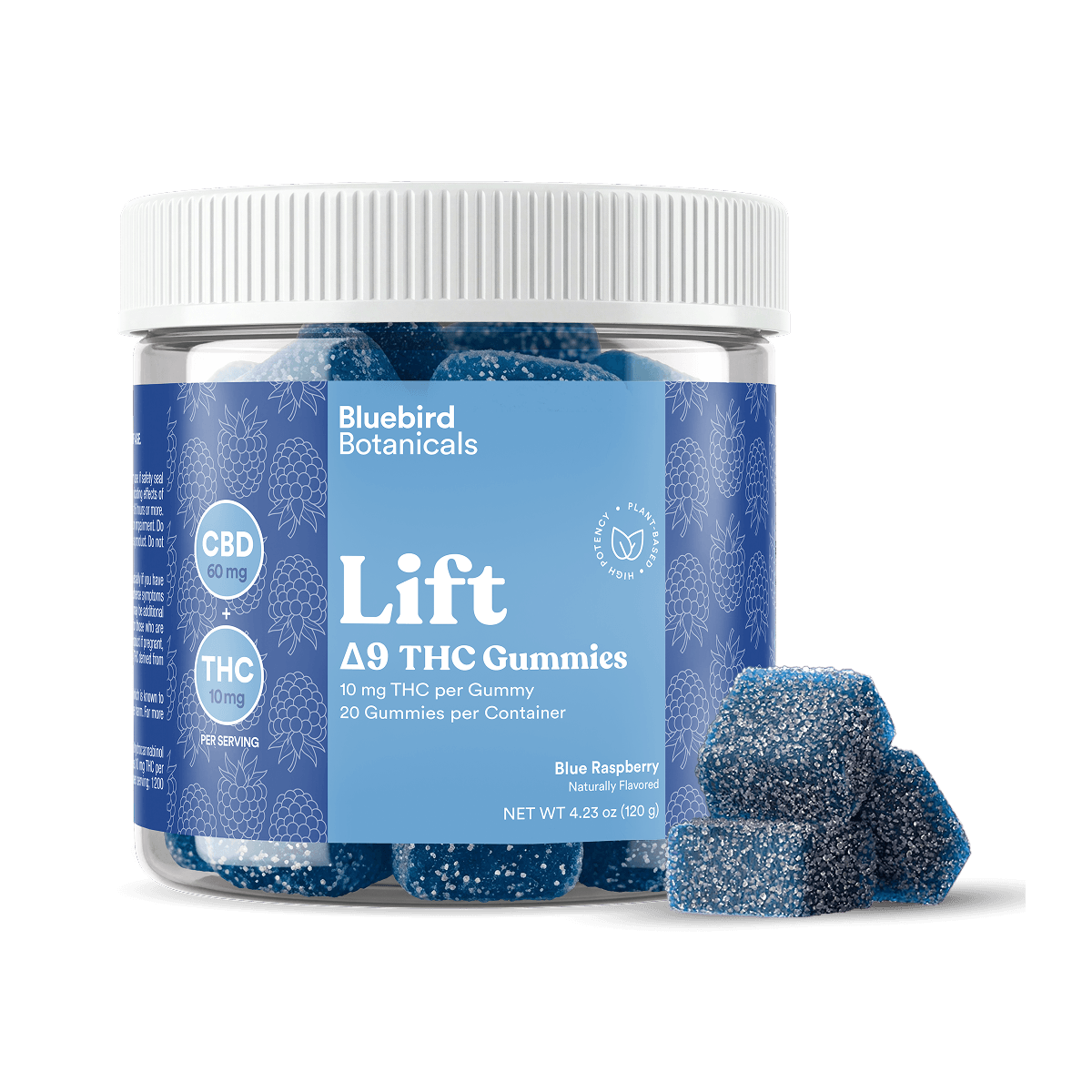 Jar of Bluebird Botanicals Lift Delta 9 THC Gummies with a blue label on a black background.; Flavor: Blue Raspberry;