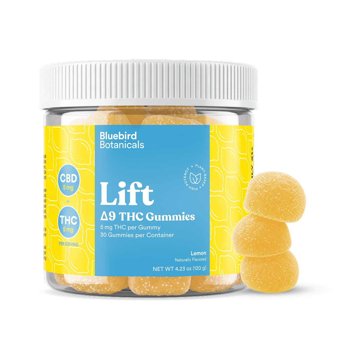 A clear plastic jar of Bluebird Botanicals Lift Lemon Delta-9 THC Gummies with a white ribbed cap and a bright blue and yellow label, shown next to three stacked yellow gummies on a black background.; Flavor: Lemon;