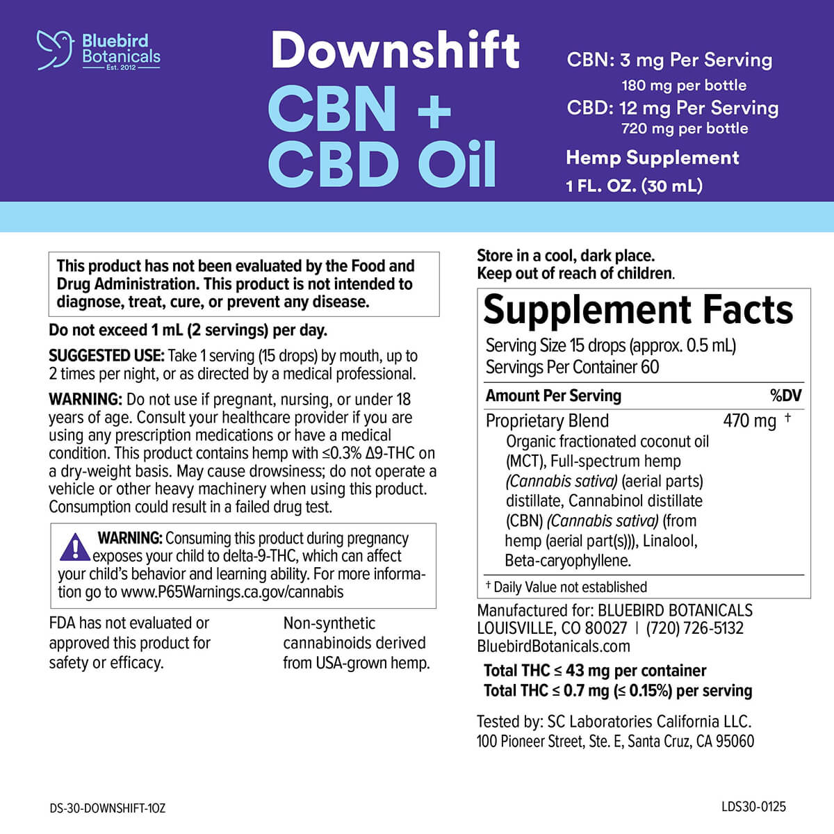 Downshift CBN + CBD Oil Facts Bluebird Botanicals
