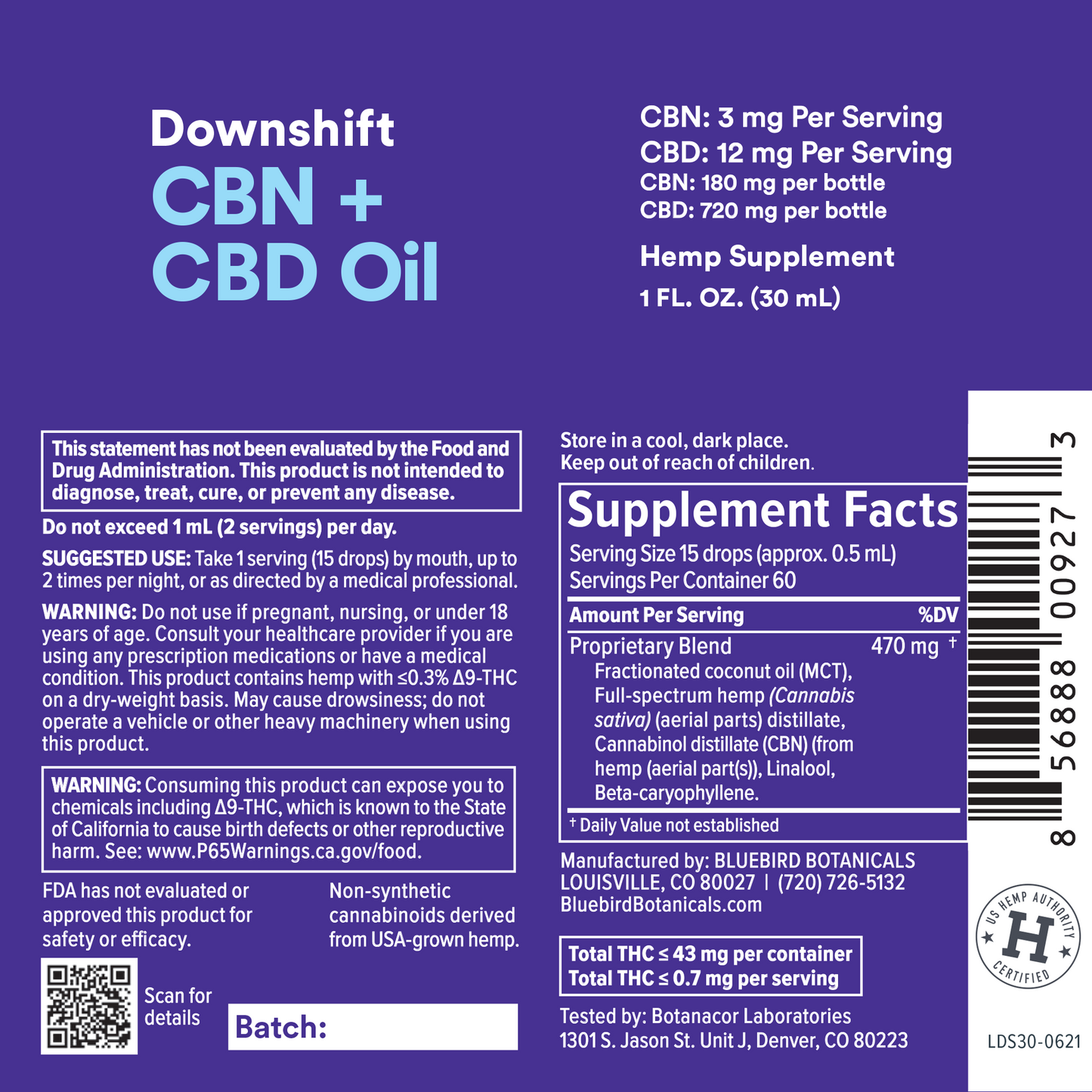 Downshift CBN + CBD Oil Supplement Facts Bluebird Botanicals   