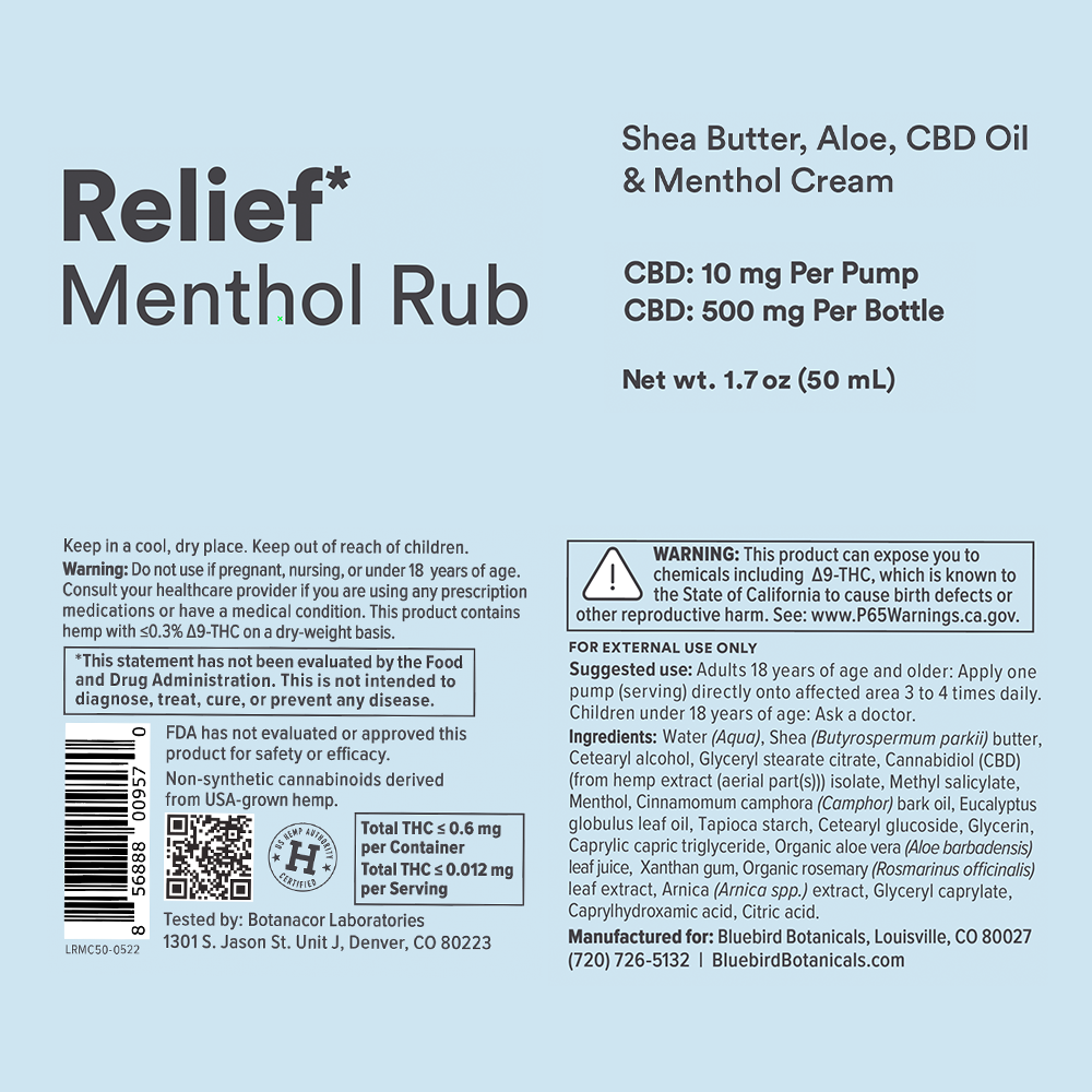 Relief* CBD Menthol Rub Suggested Use & Ingredients Bluebird Botanicals   